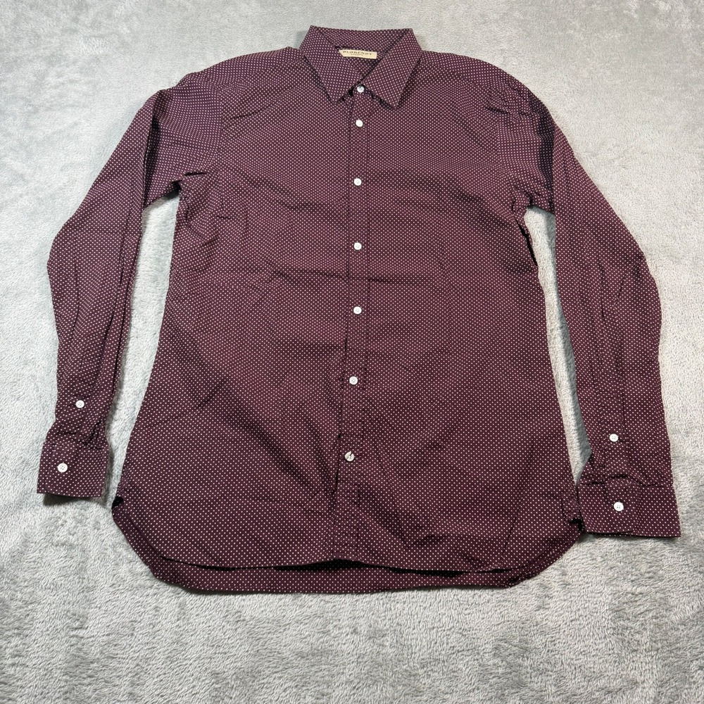 Burberry London Button Up Shirt Men 16-41 Burgundy Polka Dot Slim Long Sleeve‎